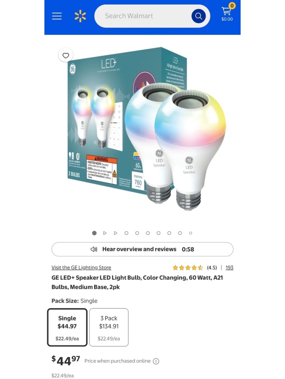 GE LED+ Speaker Color changing A21 Bulbs 2 Pack With Remote and bluetooth. Smart